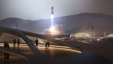 Artist's illustration of a human settlement on Mars, with SpaceX Starships in the background.