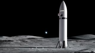 Artist's illustration of SpaceX's Starship vehicle on the moon during an Artemis astronaut mission for NASA.