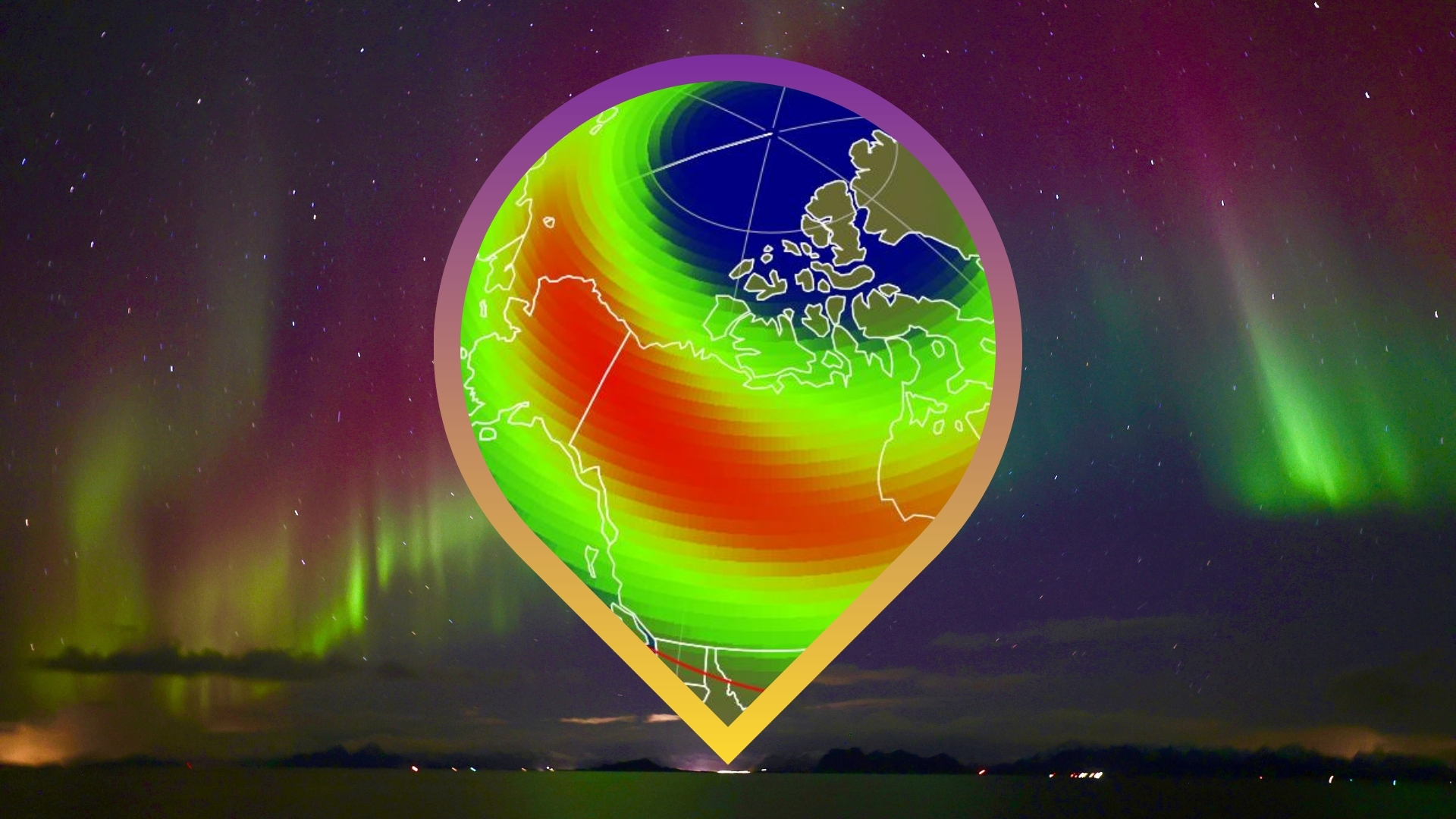 image of a location marker with a map inside showing where the northern lights might be visible acorss the US tonight and in the background auroras stretch across the starry sky.