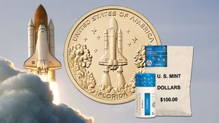 a golden dollar coin depicts a space shuttle launching, similar to a background photo of an actual lift off