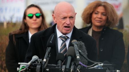 U.S. Sen. Mark Kelly (D-Ariz.) speaks during a news conference on the &ldquo;Epstein Files" outside the U.S. Capitol on Nov. 18, 2025 in Washington, D.C.
