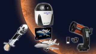 A model rocket, a brick built aeroplane and shuttle, a bin-shaped projector and an orange telescope are all positioned on an orange planet background.
