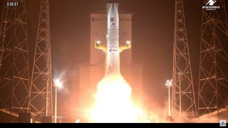 An Arianespace Ariane 6 rocket launches two Galileo navigation satellites from Kourou, French Guiana on Dec. 17, 2025.