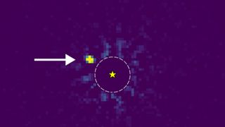 A heat map with a purple background and yellow dots showing an exoplanet