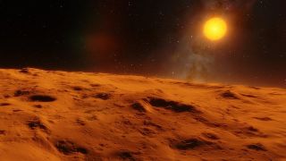 A reddish dusty surface is seen with an orange sun in the background