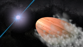 an illustration shows PSR J2322-2650b, a strange lemon-shaped exoplanet orbiting a pulsar